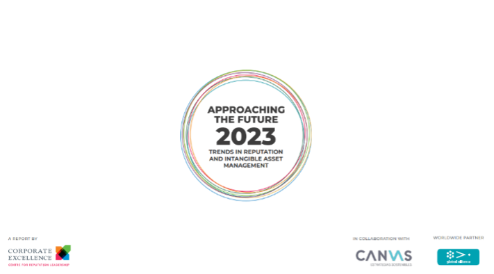 The 8th report, Approaching the Future 2023, was produced by Corporate Excellence - Centre for Reputation Leadership in collaboration with CANVAS Sustainable Strategies & the Global Alliance for Public Relations and Communication Management. It is based on responses from more than 1,200 professionals from 53 countries and looks at the top ten trends in reputation and intangibles management that are currently shaping the corporate agenda.