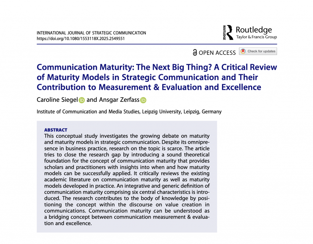 Maturity models align the development of an organization with defined target states and have long been established in digital disciplines. Interest in these models is also growing in strategic communication. The article Communication Maturity: The Next Big Thing?